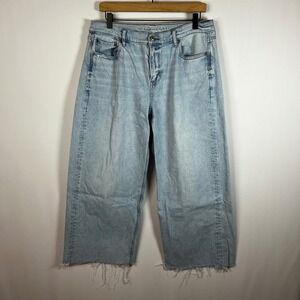 American Eagle Pants Women 16 Long 90s Wide Leg Light Wash Blue Denim Raw Hem